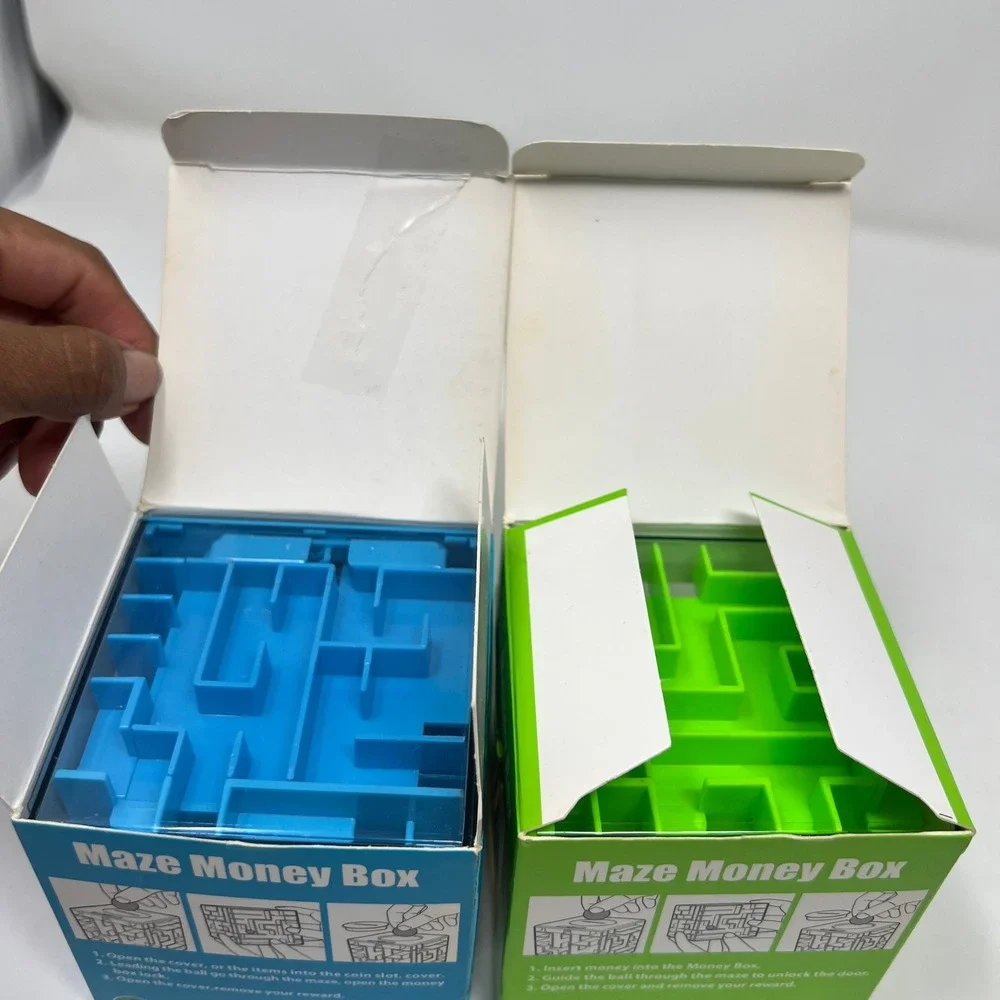 T.T. Toys Maze Money Box T70 Puzzle Bank Cube Blue & Green Lot of 2 Gift Novelty
